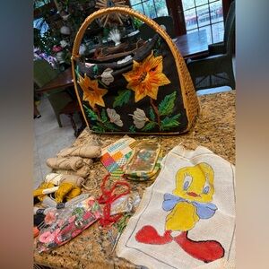 Sewing lot MCM Embroidered Handbag basket scissors thread yarn tweety book&&